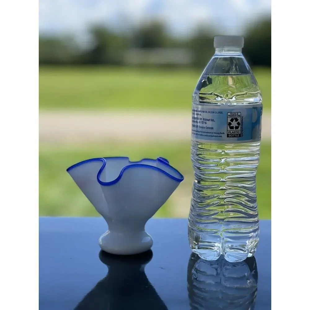 Art Glass Vase Candy Bowl Blue White Handkerchief Folded Footed SMALL Hand Blown